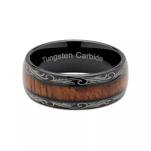 Men's 8mm Tungsten Ring Koa Wood Inlay With Laser Pattern Dome Wedding Band